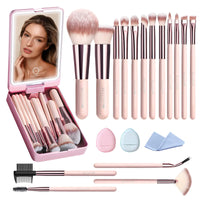 Makeup Brushes with Case 20PCs Travel Makeup Brush Set Foundation Concealer Blush Eyeshadow Brush Set Contour Powder Eyebrow Eyelash Brush Kit with Led Light Mirror Holder & 2 Powder Puff-Pink