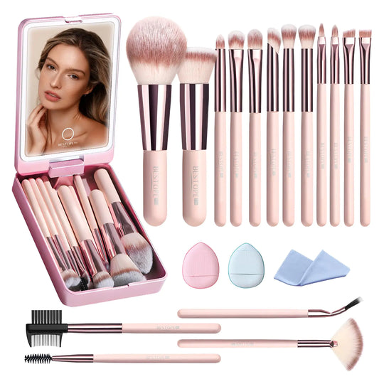 Makeup Brushes with Case 20PCs Travel Makeup Brush Set Foundation Concealer Blush Eyeshadow Brush Set Contour Powder Eyebrow Eyelash Brush Kit with Led Light Mirror Holder & 2 Powder Puff-Pink